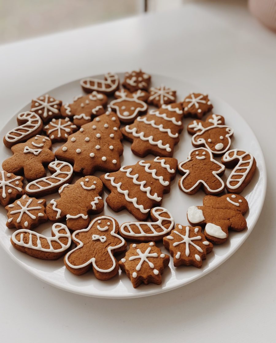 Christmas ginger biscuits picked out in white icing