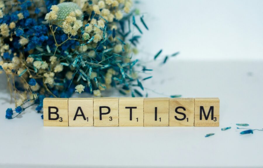 Baptism in scrabble letters.