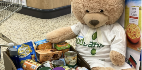 A teddy bear with Foodbank donations