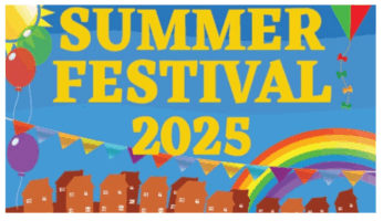 Hatch Warren summer festival flyer with houses, flags and a rainbow