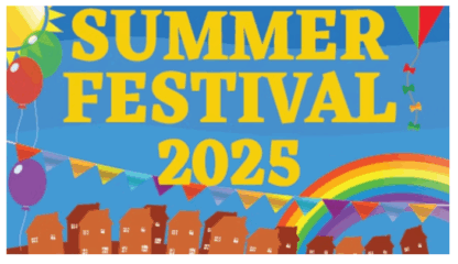 Hatch Warren summer festival flyer with houses, flags and a rainbow