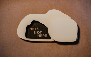 image of empty tomb on Easter morning with the words 'He is not here'
