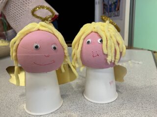 Handmade angels with wool hair and tinsel halos