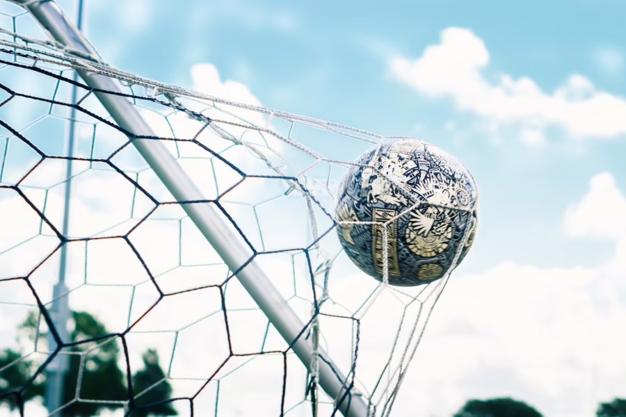 a football hitting the back of the net