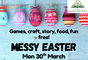 Messy Easter flyer with brightly coloured Eggs