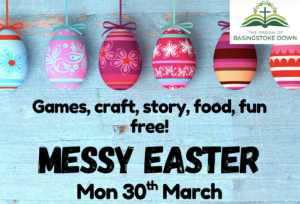 Messy Easter flyer with brightly coloured Eggs